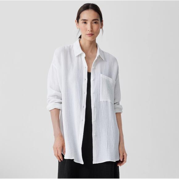 Eileen Fisher Tops - NEW Eileen Fisher Petite Medium Organic Cotton Gauze ButtonDown Shirt White Poet